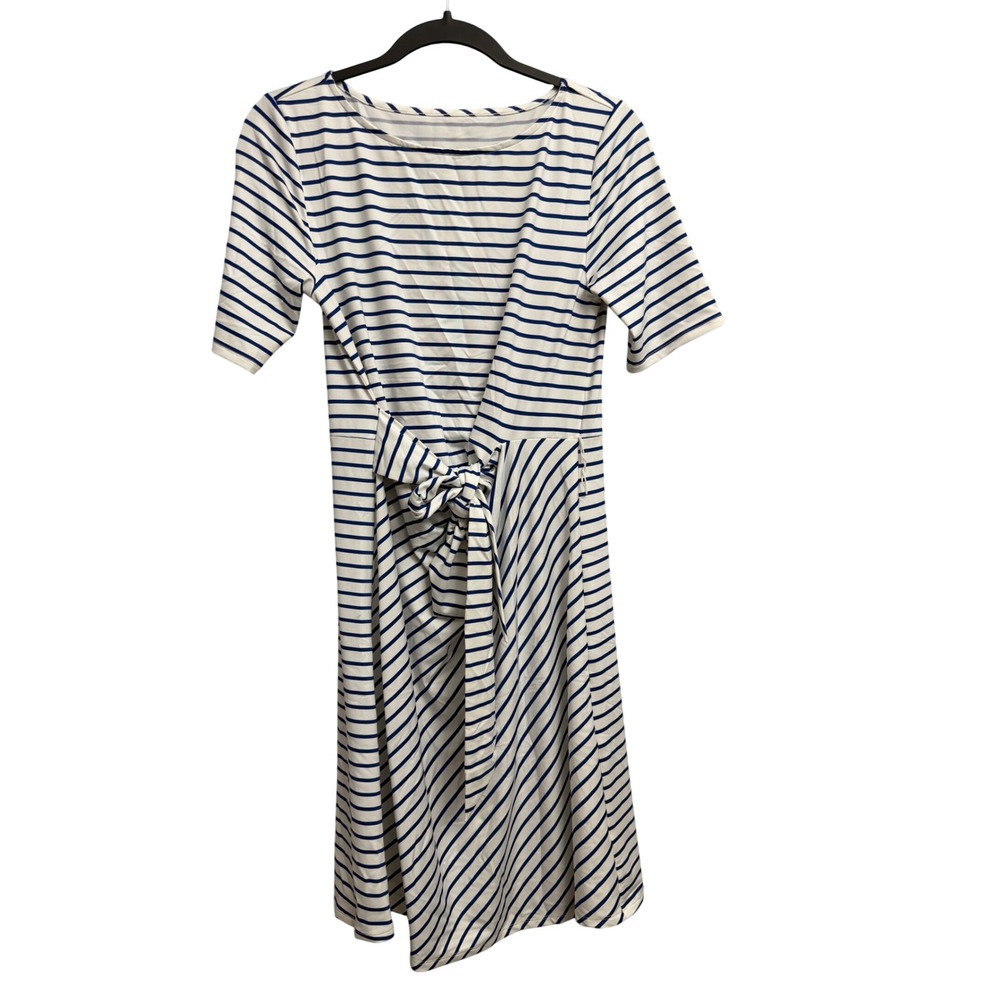 Lands' End Blue White Striped Short Sleeve Tie Waist Knit Dress Sample Flaw
